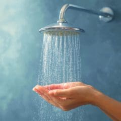A person holds their hands under running water from a showerhead against a blue tiled background.