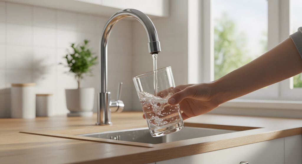 A hand holds a glass under a modern kitchen faucet as water flows into the glass. The kitchen counter is wooden, with a sink and a potted plant in the background.