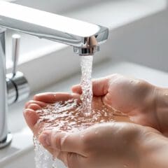 A person washes their hands under running water from a modern chrome faucet in a bright bathroom.