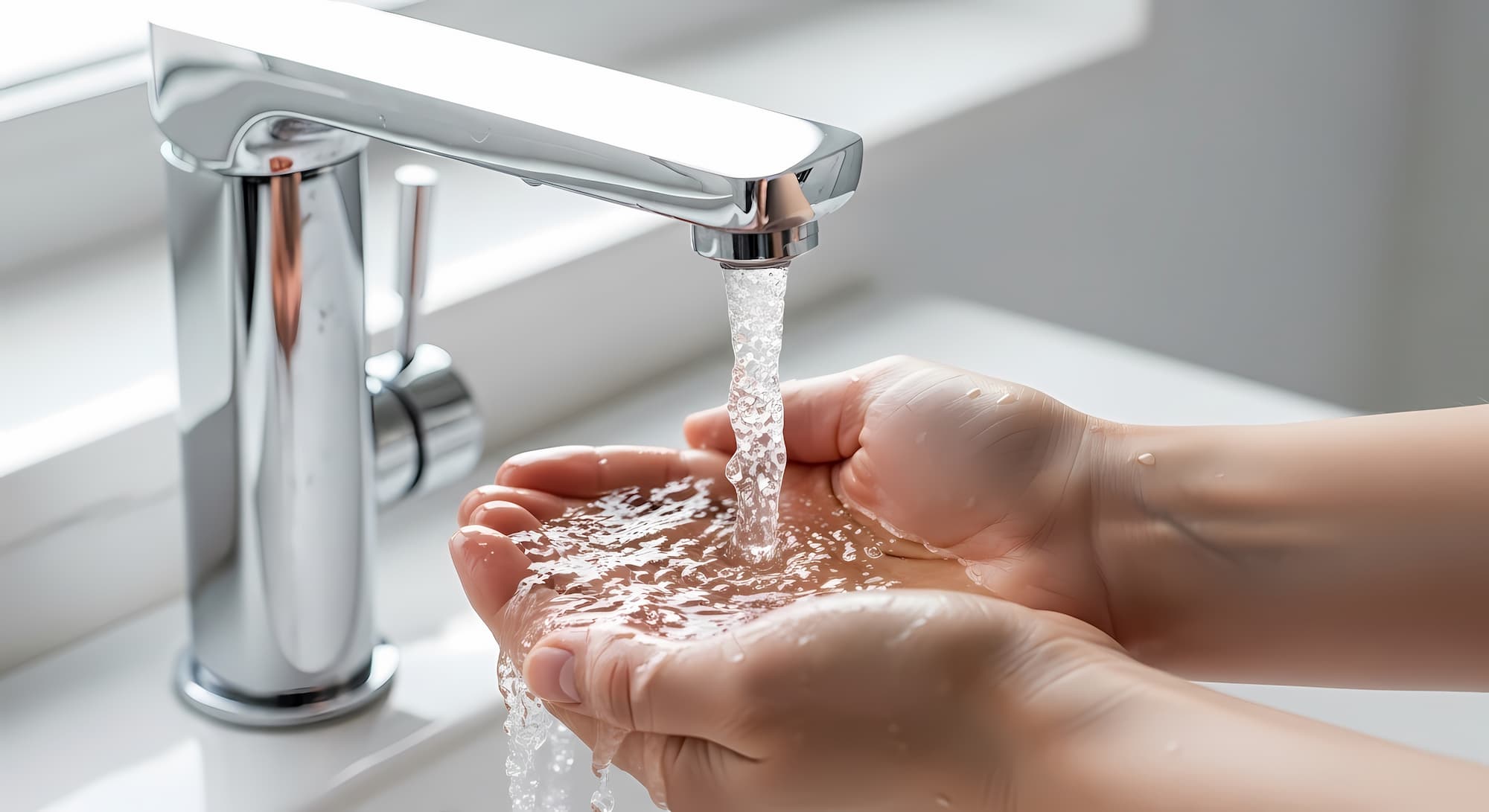 A person washes their hands under running water from a modern chrome faucet in a bright bathroom.